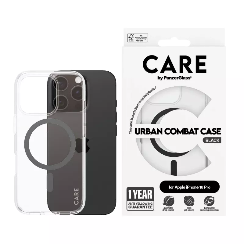 PanzerGlass CARE™ by ® Urban Combat Case -suojakotelo läpinäkyvä musta MagSafe iPhone 16 Pro