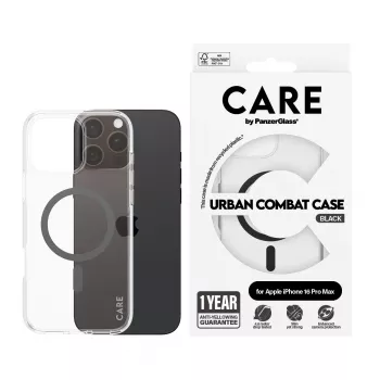 PanzerGlass CARE™ by ® Urban Combat -kotelo läpinäkyvä mustalla MagSafe-yhteensopivuudella iPhone 16 Pro Max