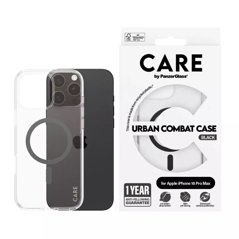 PanzerGlass CARE™ by ® Urban Combat -kotelo läpinäkyvä mustalla MagSafe-yhteensopivuudella iPhone 16 Pro Max