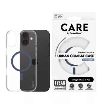 PanzerGlass CARE™ by ® Urban Combat kuori läpinäkyvä sinisellä MagSafe iPhone 16 Plus