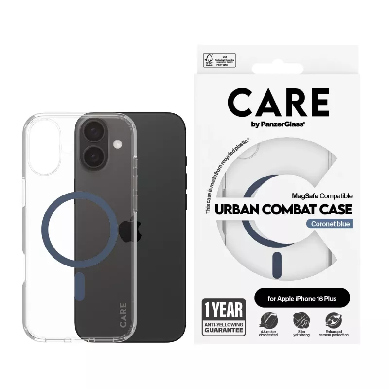 PanzerGlass CARE™ by ® Urban Combat kuori läpinäkyvä sinisellä MagSafe iPhone 16 Plus