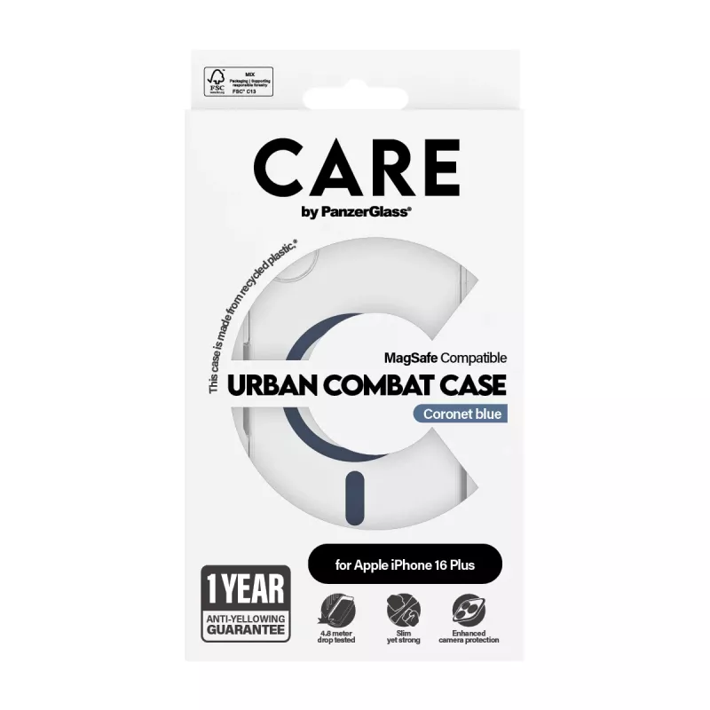 PanzerGlass CARE™ by ® Urban Combat kuori läpinäkyvä sinisellä MagSafe iPhone 16 Plus