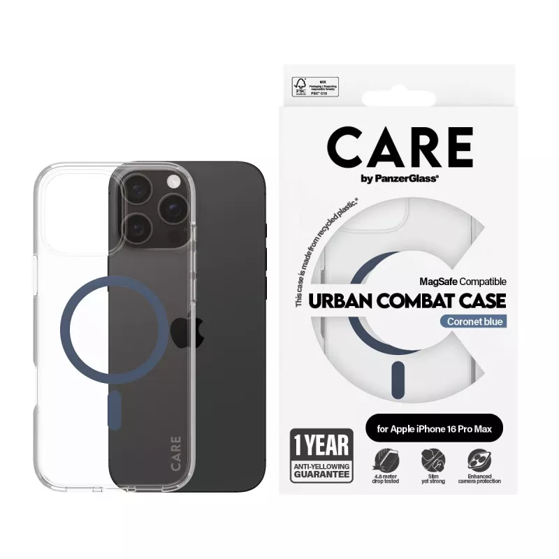 PanzerGlass CARE by Flagship Urban Combat Blue -suojakotelo läpinäkyvä MagSafe iPhone 16 Pro Max
