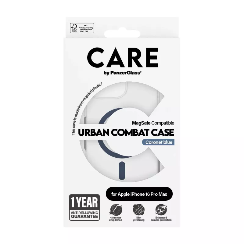 PanzerGlass CARE by Flagship Urban Combat Blue -suojakotelo läpinäkyvä MagSafe iPhone 16 Pro Max
