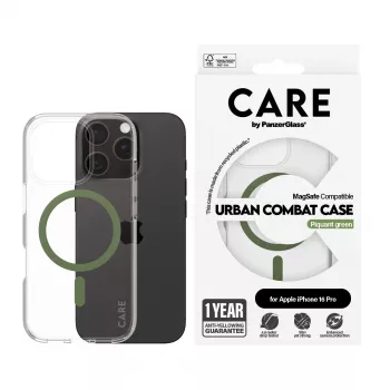 PanzerGlass CARE™ by ® Urban Combat kuori läpinäkyvä vihreällä MagSafe iPhone 16 Pro