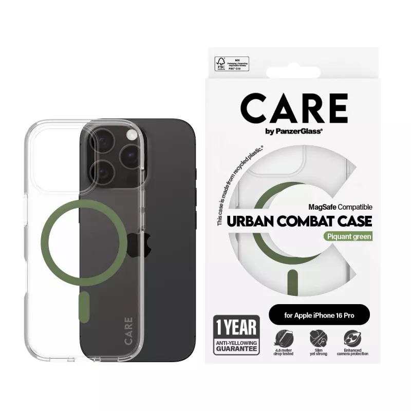 PanzerGlass CARE™ by ® Urban Combat kuori läpinäkyvä vihreällä MagSafe iPhone 16 Pro