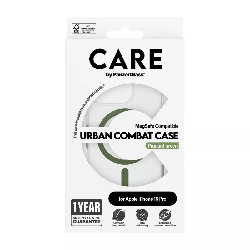 PanzerGlass CARE™ by ® Urban Combat kuori läpinäkyvä vihreällä MagSafe iPhone 16 Pro