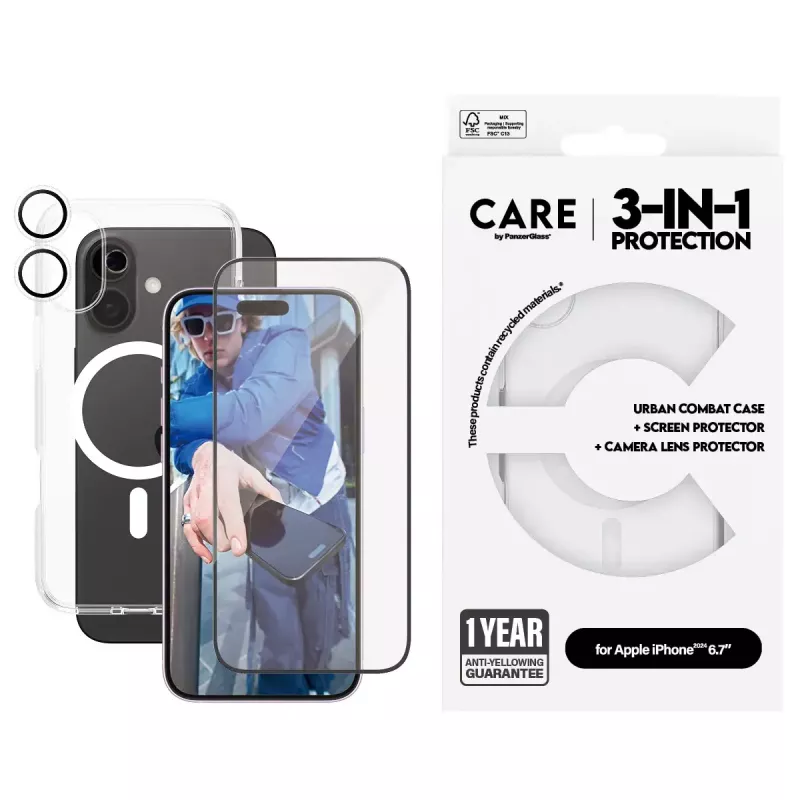 PanzerGlass ® | CARE by ® Flagship 3-in-1-paketti iPhone 16 Plus