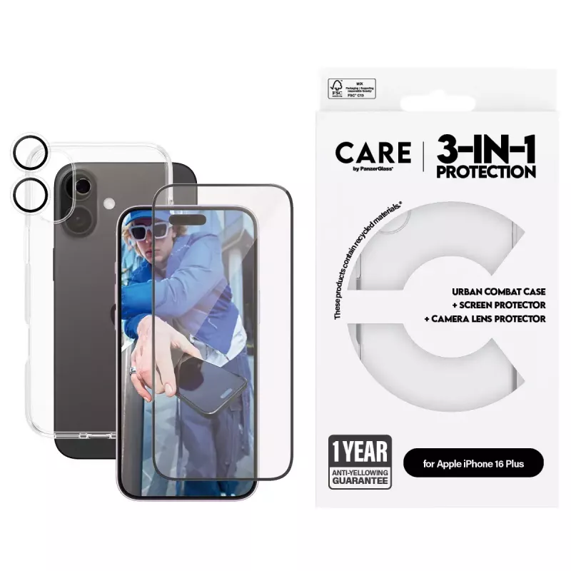 PanzerGlass ® | CARE by ® Flagship 3-in-1-paketti iPhone 16 Plus