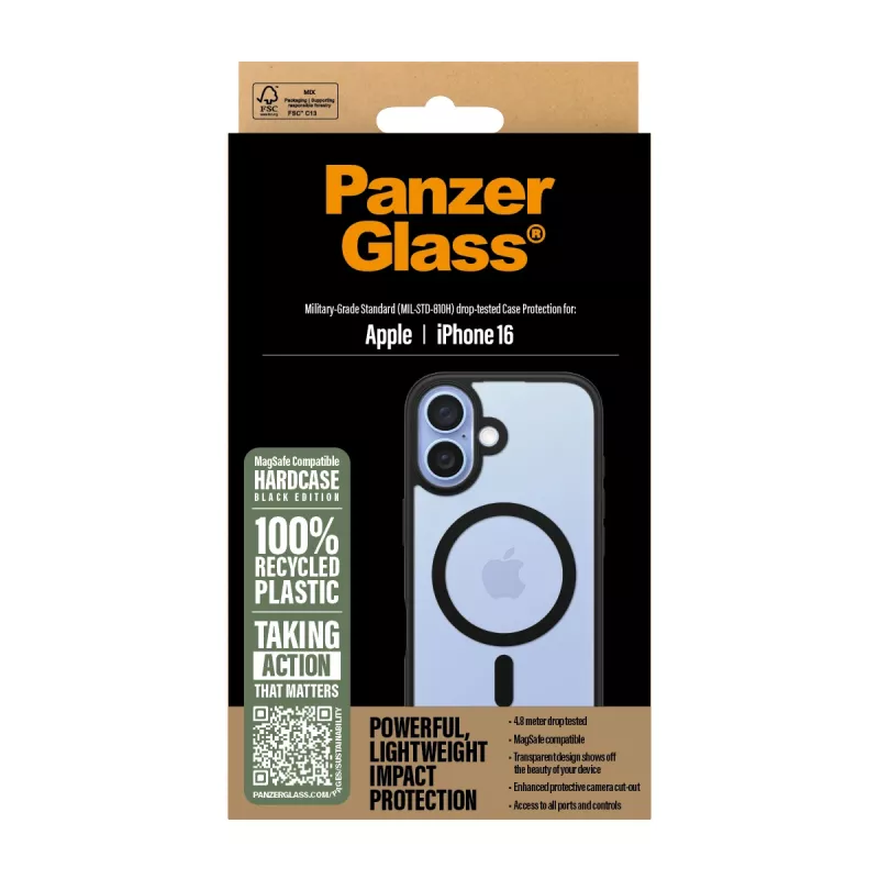 PanzerGlass ® HardCase läpinäkyvä mustalla MagSafe-kehyksellä iPhone 16