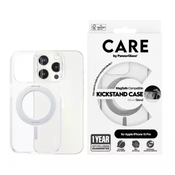 PanzerGlass CARE™ by ® kuori läpinäkyvä hopeisella tukijalalla & MagSafe iPhone 15 Pro