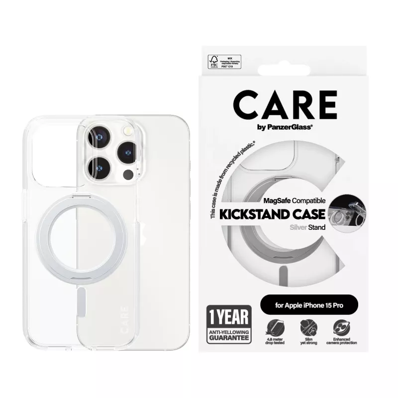 PanzerGlass CARE™ by ® kuori läpinäkyvä hopeisella tukijalalla & MagSafe iPhone 15 Pro