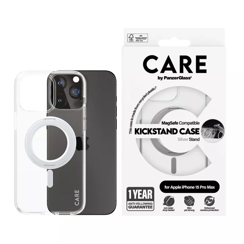 PanzerGlass CARE™ by ® kuori läpinäkyvä hopeisella tukijalalla & MagSafe iPhone 15 Pro Max