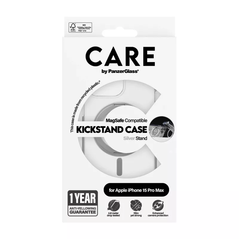 PanzerGlass CARE™ by ® kuori läpinäkyvä hopeisella tukijalalla & MagSafe iPhone 15 Pro Max