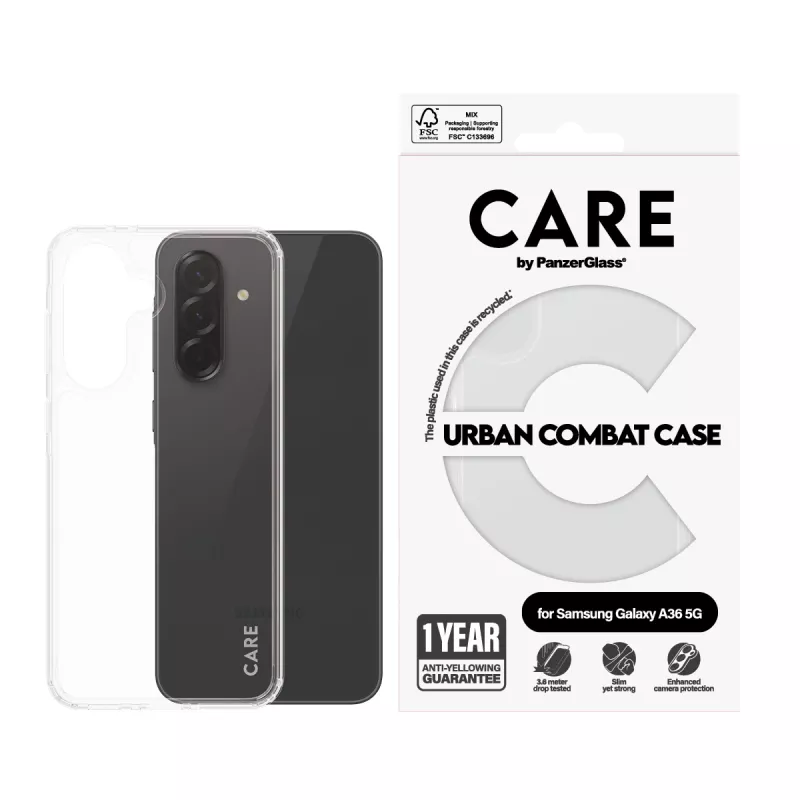 PanzerGlass CARE Flagship -suojakotelo kirkkaalla kehyksellä Samsung Galaxy A36 5G -puhelimelle, kirkas, CRRFUBCG38083