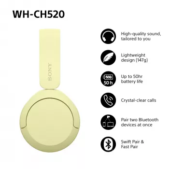 Sony WHCH520Y.CE7, langaton, puhelut/musiikki, 20 - 20000 Hz, 147 g, headset, keltainen
