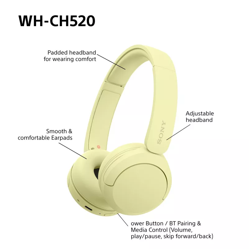 Sony WHCH520Y.CE7, langaton, puhelut/musiikki, 20 - 20000 Hz, 147 g, headset, keltainen
