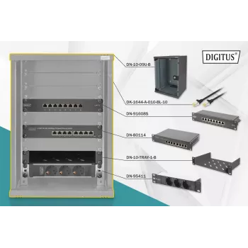 DIGITUS 10in verkkopaketti sis. 9U kaappi musta hylly PDU 8-porttinen kytkin CAT6 patch-paneeli