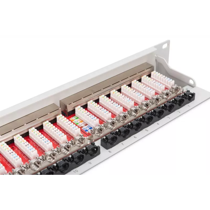 DIGITUS DN-91624S-EA 19 tuuman kytkentäpaneeli, CAT6A-luokka EA, suojattu, 24-porttinen RJ45, LSA, 1U, vaaleanharmaa RAL 7035
