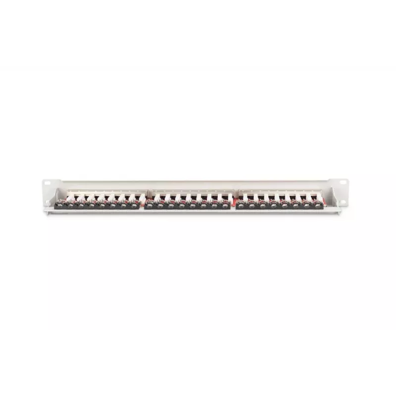 DIGITUS DN-91624S-EA 19 tuuman kytkentäpaneeli, CAT6A-luokka EA, suojattu, 24-porttinen RJ45, LSA, 1U, vaaleanharmaa RAL 7035