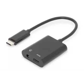 DIGITUS USB Type-C jakokaapeli, tyyppi C – 3,5 mm + tyyppi C M/F/F, 20 cm musta