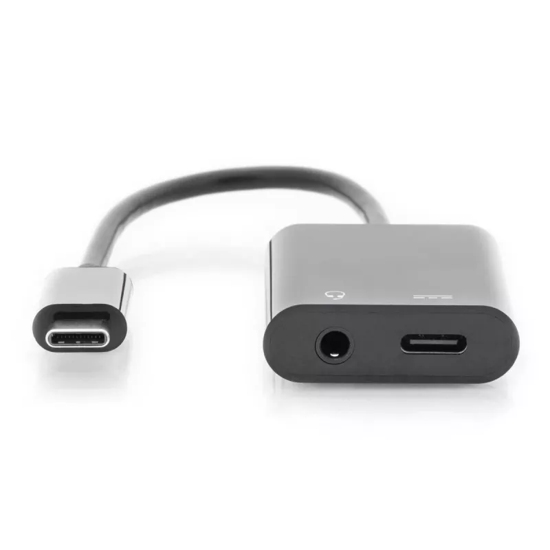 DIGITUS USB Type-C jakokaapeli, tyyppi C – 3,5 mm + tyyppi C M/F/F, 20 cm musta