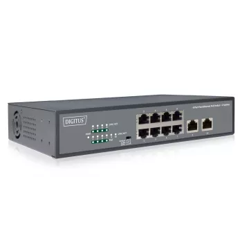 DIGITUS Fast Ethernet PoE af/at 8-porttinen kytkin + 2 uplinkkiä 120W PoE-tehobudjetti, rack-asennettava