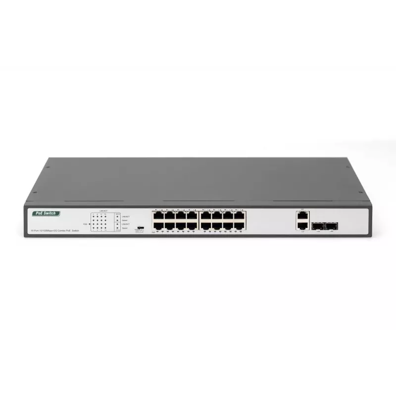 DIGITUS Fast Ethernet PoE -kytkin 16 porttia PoE + 2 Combo. 250 W PoE-budjetti