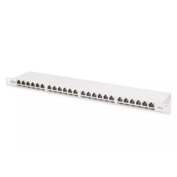DIGITUS kytkentäpaneeli CAT6A EA suojattu, 24-porttia RJ45 pölynsuojat, 8P8C, 0,5U, harmaa RAL 7035