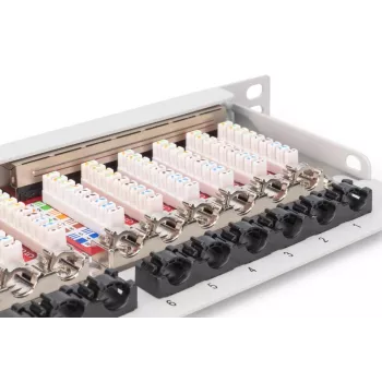 DIGITUS kytkentäpaneeli CAT6A EA suojattu, 24-porttia RJ45 pölynsuojat, 8P8C, 0,5U, harmaa RAL 7035