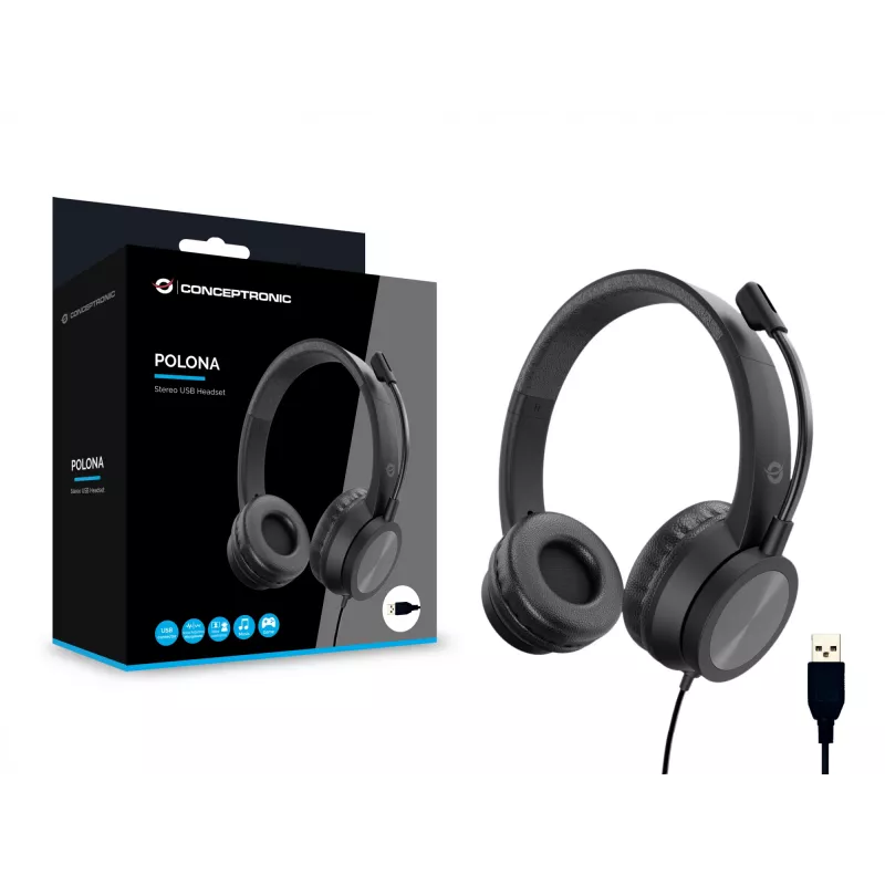 Conceptronic POLONA05B stereokuulokemikrofoni USB-liitännällä ja kohinanvaimennusmikrofonilla