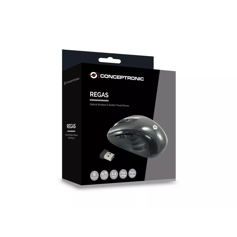 Conceptronic CLLM5BTRVWL langaton 6 painikkeen matkahiiri, oikeakätinen, optinen, RF Wireless, 1600 DPI, musta