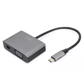 DIGITUS USB-C - mini DP + VGA -sovitin, 20 cm 4K/30Hz, hopea, alumiinikotelo