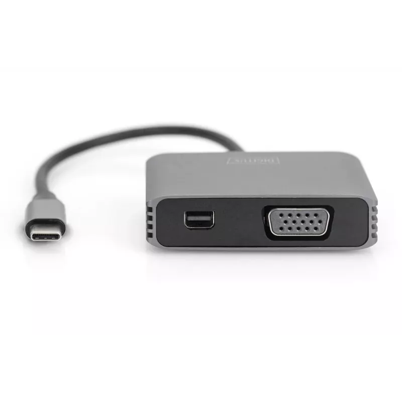 DIGITUS USB-C - mini DP + VGA -sovitin, 20 cm 4K/30Hz, hopea, alumiinikotelo