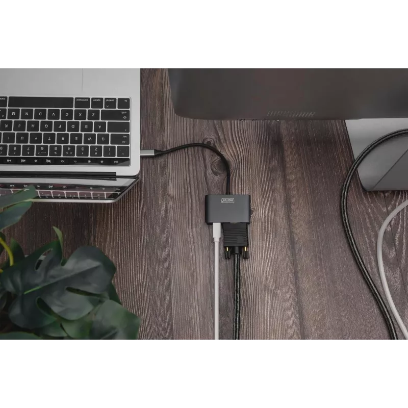 DIGITUS USB-C - mini DP + VGA -sovitin, 20 cm 4K/30Hz, hopea, alumiinikotelo