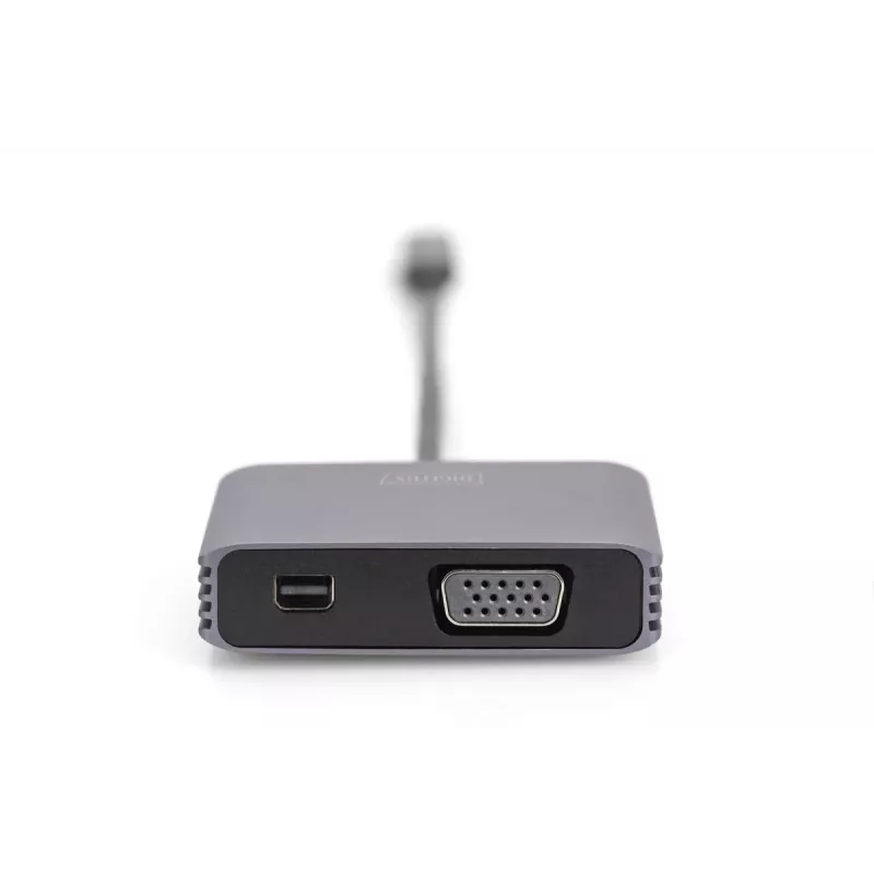 DIGITUS USB-C - mini DP + VGA -sovitin, 20 cm 4K/30Hz, hopea, alumiinikotelo