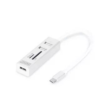 DIGITUS USB 2.0 Type-C -keskitin kortinlukijalla 3x USB 2.0. 1x SD, 1x MicroSD -liitäntä alumiinikotelo