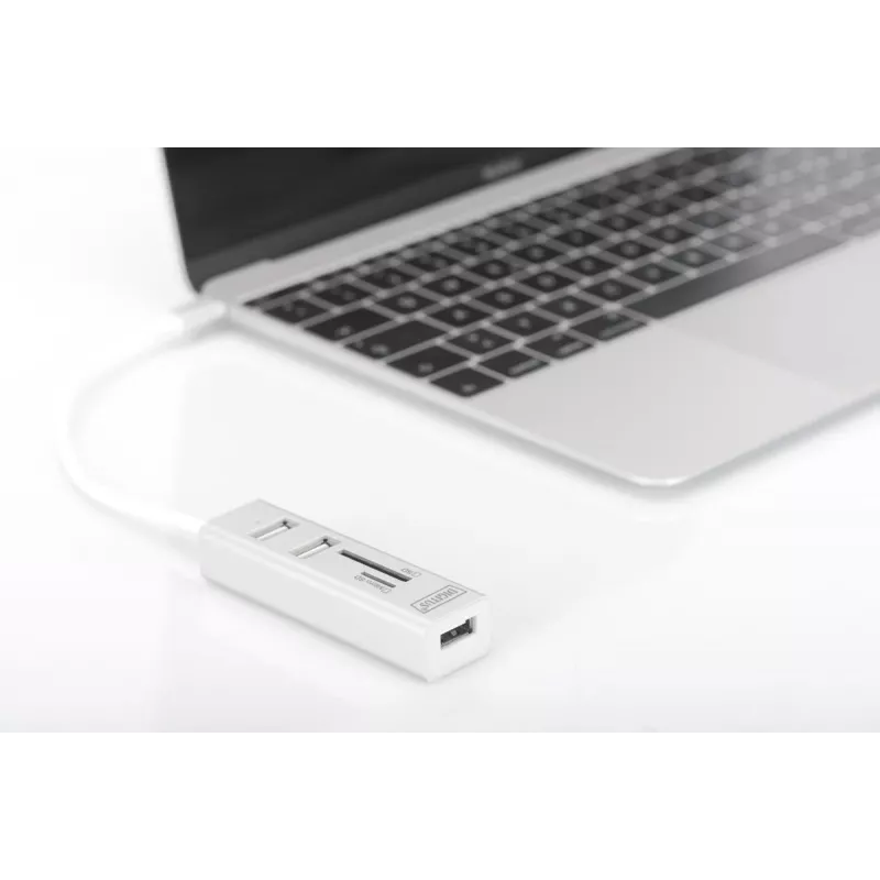 DIGITUS USB 2.0 Type-C -keskitin kortinlukijalla 3x USB 2.0. 1x SD, 1x MicroSD -liitäntä alumiinikotelo