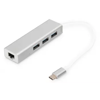 DIGITUS 3-porttinen USB 3.0 Type-C -keskitin Gigabit Ethernetillä 3x USB A/uros, 1x USB C/uros, 1x RJ45 LAN