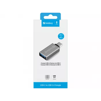 Sandberg USB-C - USB 3.0 -dongle, USB 3.2 Gen 1 (3.1 Gen 1) Type-C, USB 3.2 Gen 1 (3.1 Gen 1) Type-A, Hopea, Alumiini, 5 g, 80 mm