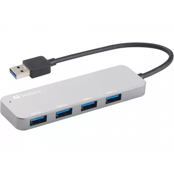 Sandberg USB 3.0 -keskitin 4 porttia SAVER, USB 3.2 Gen 1 (3.1 Gen 1) Type-A, USB 3.2 Gen 1 (3.1 Gen 1) Type-A, 5000 Mbit/s, Hopea, Alumiini, 40 g