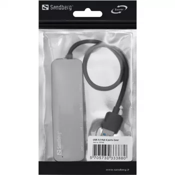 Sandberg USB 3.0 -keskitin 4 porttia SAVER, USB 3.2 Gen 1 (3.1 Gen 1) Type-A, USB 3.2 Gen 1 (3.1 Gen 1) Type-A, 5000 Mbit/s, Hopea, Alumiini, 40 g
