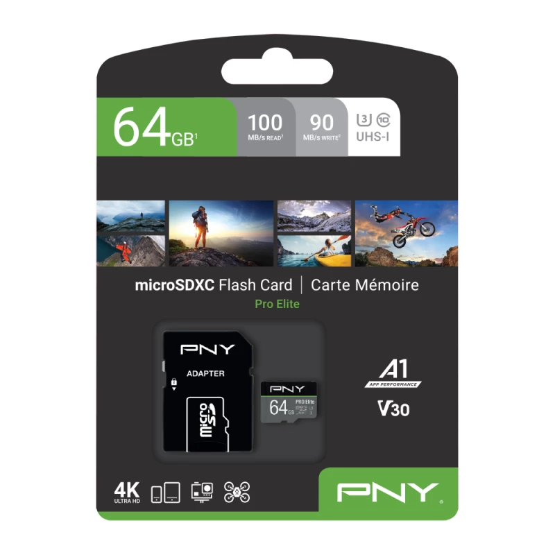 PNY Micro-SD Pro Elite 64 GB Class 10 UHS-I U3 A1 V30 SD-sovitin