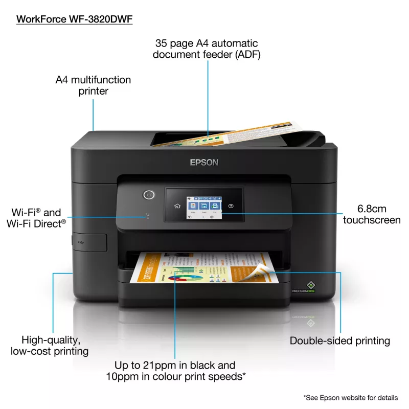 Epson WorkForce Pro WF-3820DWF mustesuihku A4 4800 x 2400 DPI 21 ppm Wi-Fi