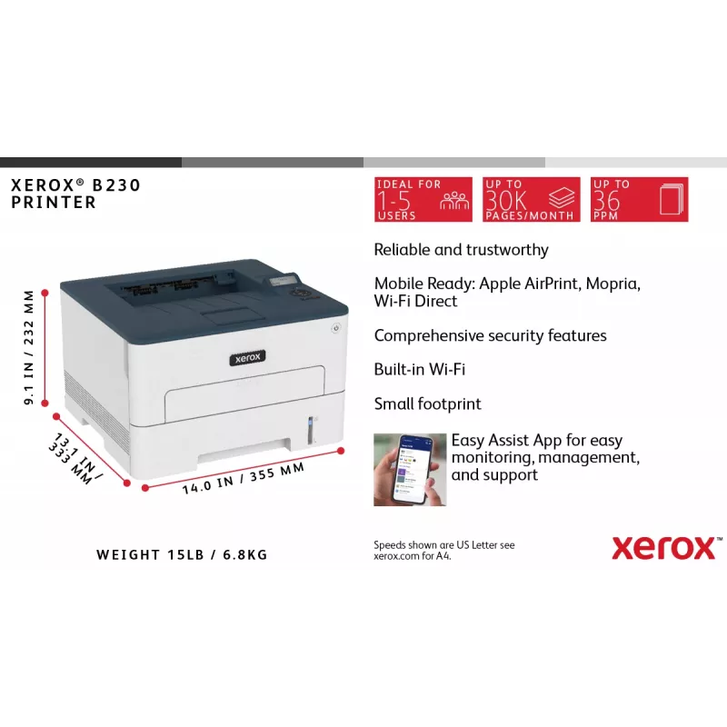Xerox B230 A4 34ppm langaton duplex-tulostin PCL5e/6 2 paperilokeroa yhteensä 251 arkkia