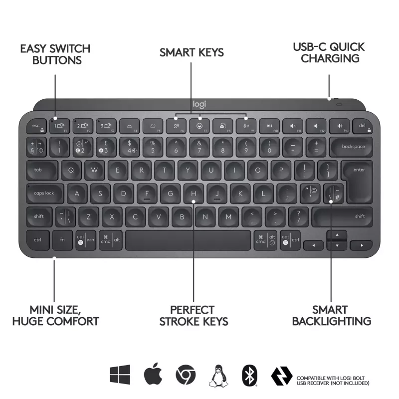 LOGITECH Minimalist Wireless Illuminated -näppäimistö - MX KEYS MINI - Graphite - Qwertz saksa