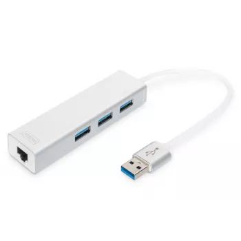 DIGITUS USB 3.0, 3-porttinen keskitin & Gigabit-LAN-sovitin 3xUSB A/F, 1xUSB A/M, 1xRJ45 LAN tukee Windows ja Mac OS