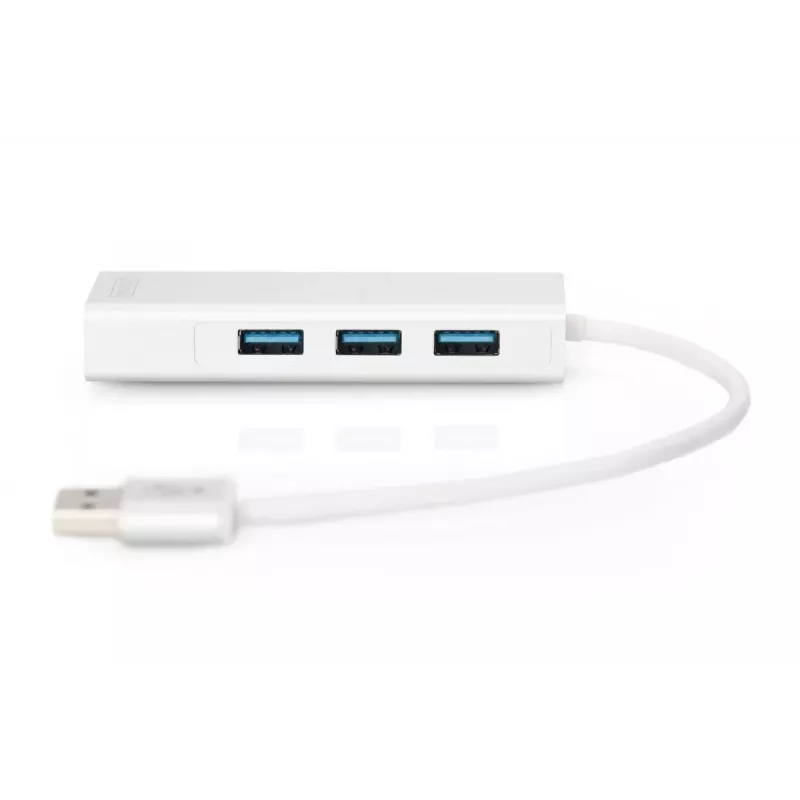 DIGITUS USB 3.0, 3-porttinen keskitin & Gigabit-LAN-sovitin 3xUSB A/F, 1xUSB A/M, 1xRJ45 LAN tukee Windows ja Mac OS