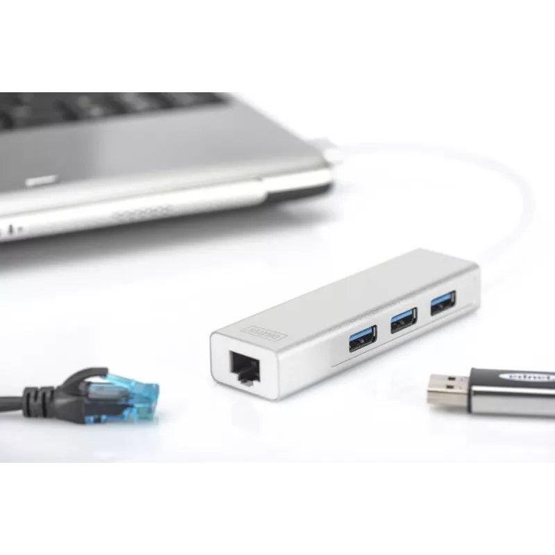 DIGITUS USB 3.0, 3-porttinen keskitin & Gigabit-LAN-sovitin 3xUSB A/F, 1xUSB A/M, 1xRJ45 LAN tukee Windows ja Mac OS