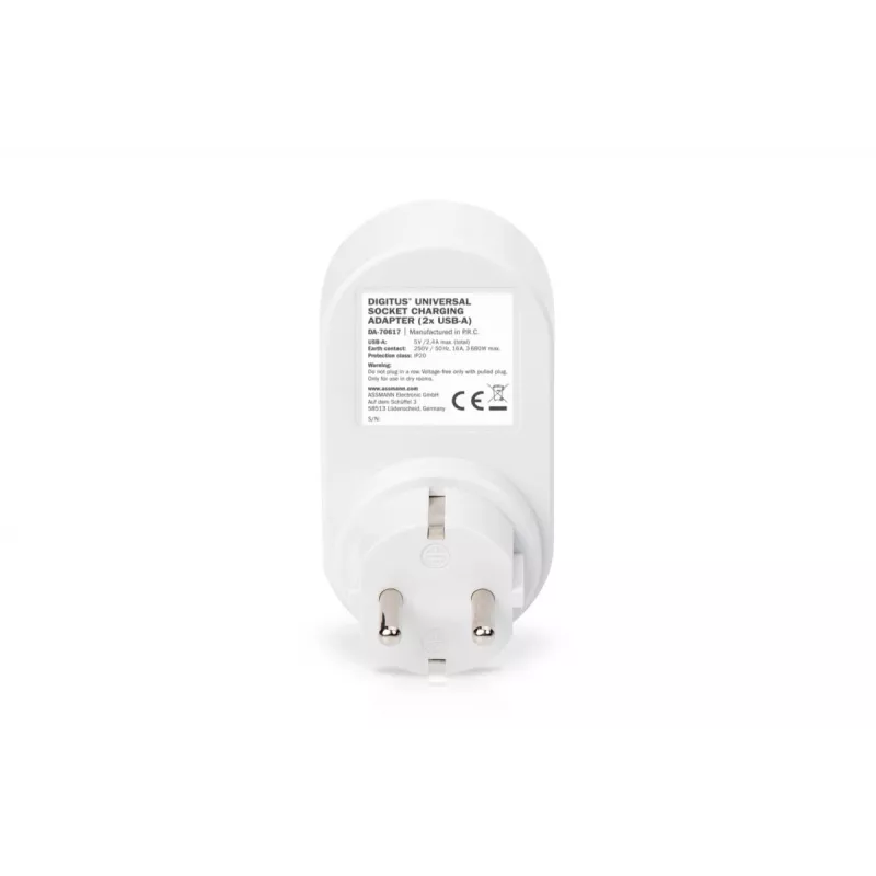 DIGITUS verkkolaite 2 USB-liitännällä 250V, 50 Hz, USB: 5V, 2,1A, valkoinen / harmaa